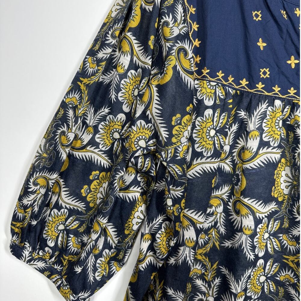 Weekend by Suzanne Betro Floral Embroidered Boho Tunic Blouse Top Blue Gold 2X - Picture 4 of 9